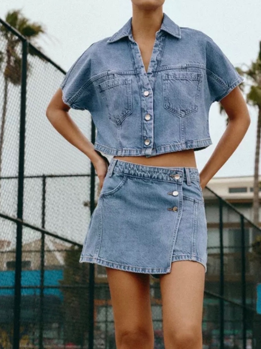 Zara Blue Denim Button-Up and Mini Skort Set